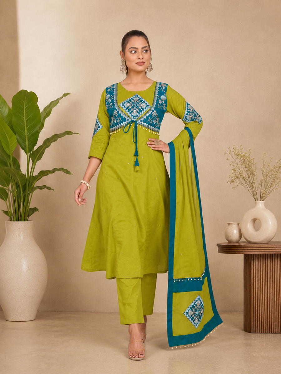 Lime Green & Teal Blue Printed Mal Cotton Anarkali Suit Set