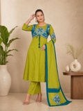Lime Green & Teal Blue Printed Mal Cotton Anarkali Suit Set
