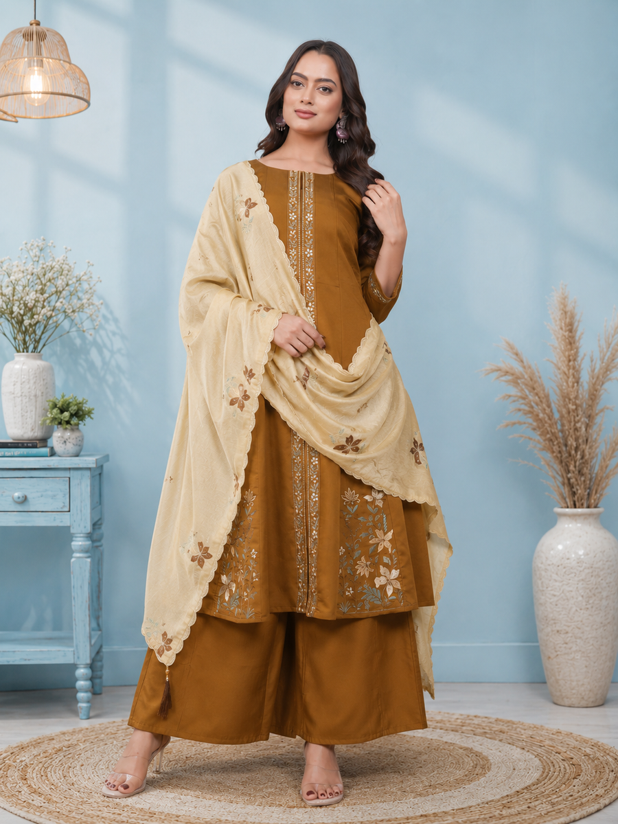 Mustard Brown Roman Silk Embroidered Kurta Set with Cream Dupatta