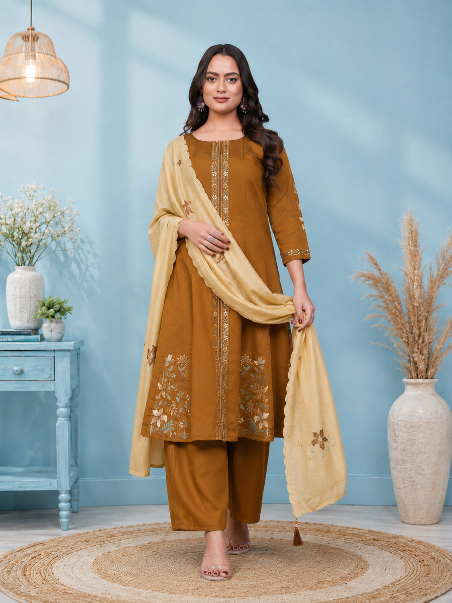 Mustard Brown Roman Silk Embroidered Kurta Set with Cream Dupatta