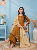 Mustard Brown Roman Silk Embroidered Kurta Set with Cream Dupatta