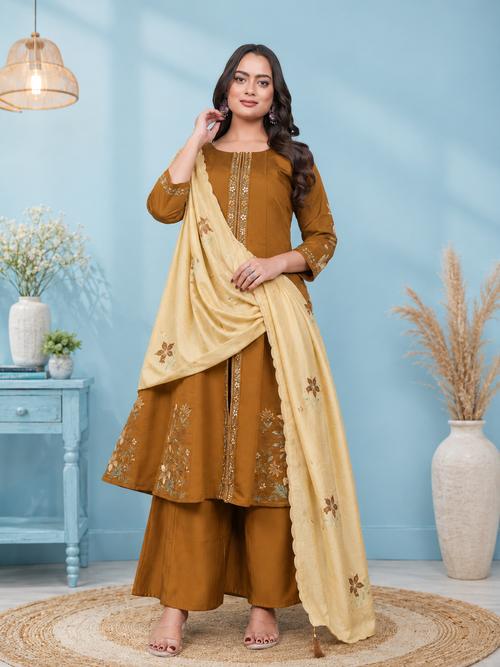 Mustard Brown Roman Silk Embroidered Kurta Set with Cream Dupatta