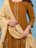 Mustard Brown Roman Silk Embroidered Kurta Set with Cream Dupatta