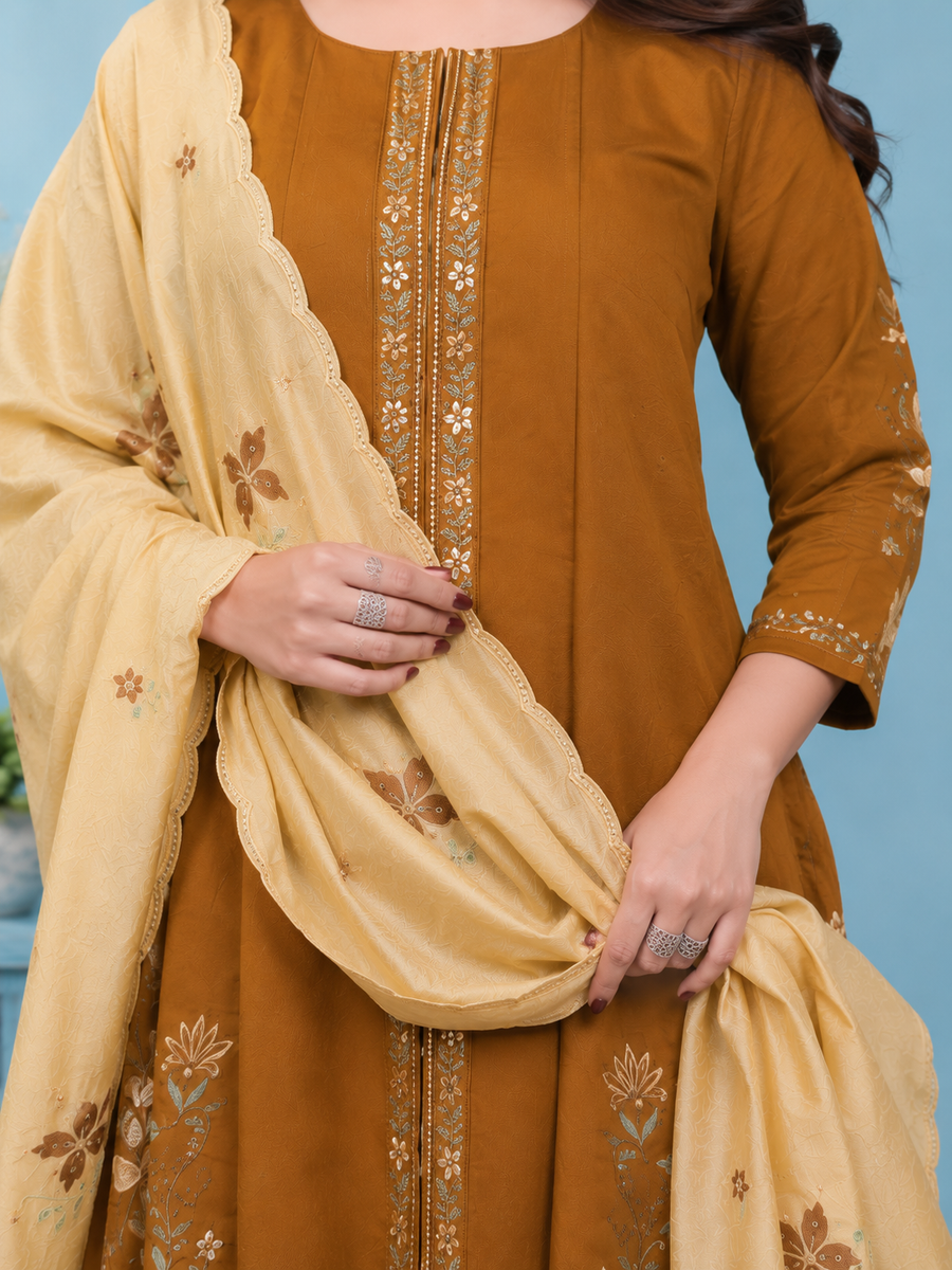 Mustard Brown Roman Silk Embroidered Kurta Set with Cream Dupatta