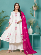 White Roman Silk Floral Embroidered Kurta Palazzo Set with Fuchsia Dupatta