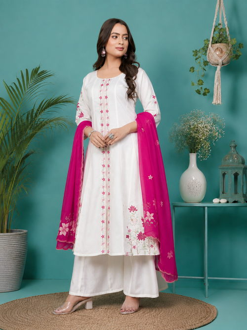 White Roman Silk Floral Embroidered Kurta Palazzo Set with Fuchsia Dupatta