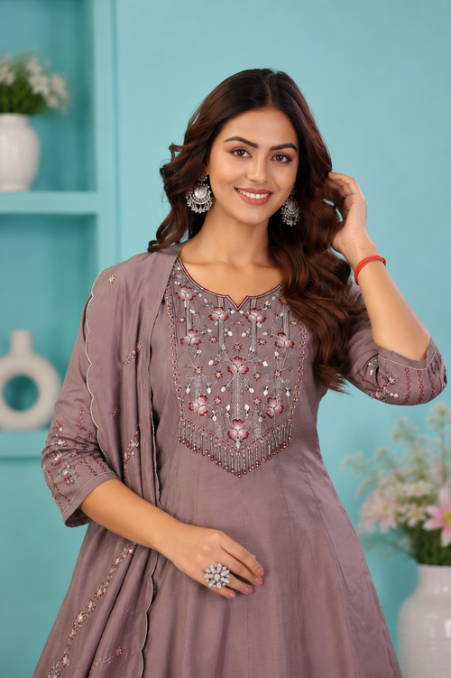 Dusty Mauve Embroidered Roman Silk Palazzo Suit Set with Dupatta