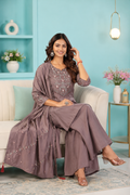 Dusty Mauve Embroidered Roman Silk Palazzo Suit Set with Dupatta
