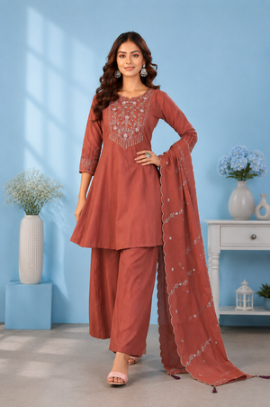 Terracotta Red Printed & Embroidered Roman Silk Kurta Palazzo Set with Dupatta