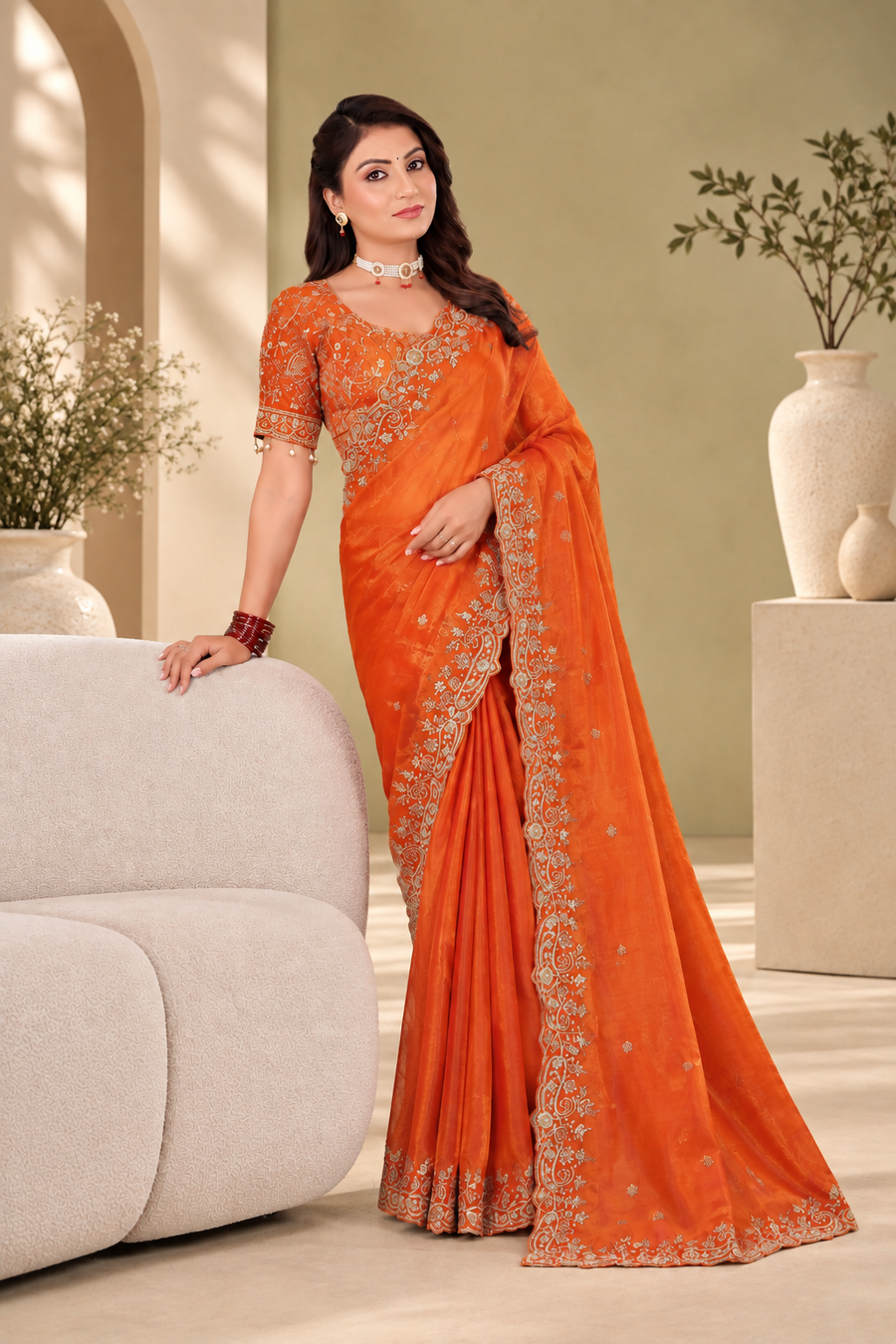 Burnt Orange Fendy Satin Embroidered Saree with Fully Stitched Heavy Sequin Work Blouse