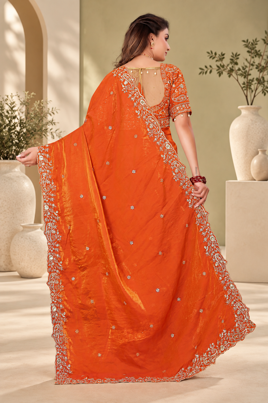 Burnt Orange Fendy Satin Embroidered Saree with Fully Stitched Heavy Sequin Work Blouse