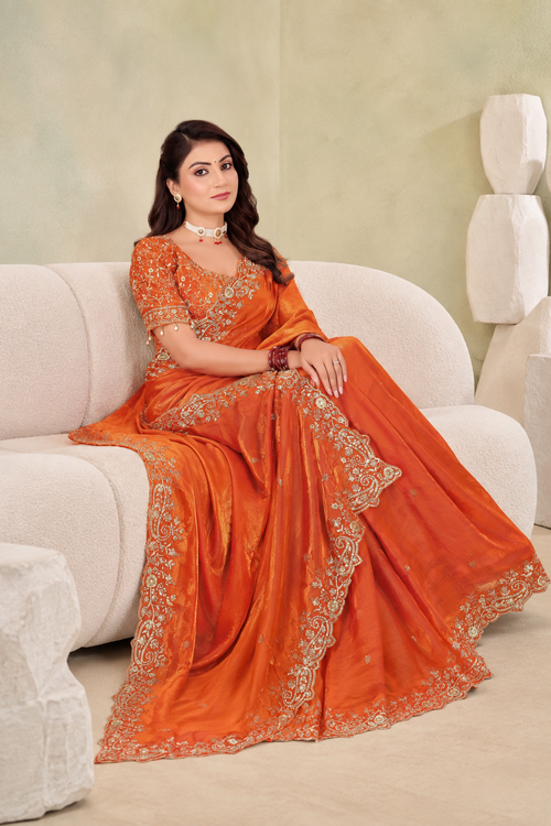 Burnt Orange Fendy Satin Embroidered Saree with Fully Stitched Heavy Sequin Work Blouse