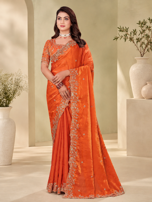 Burnt Orange Fendy Satin Embroidered Saree with Fully Stitched Heavy Sequin Work Blouse