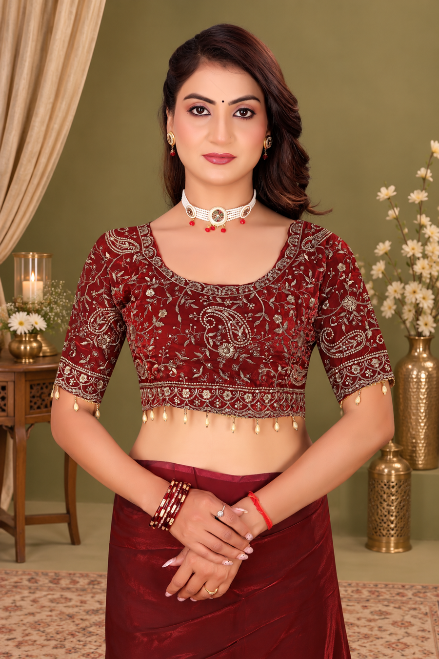 Royal Maroon Fendy Satin Embroidered Saree with Fully Stitched Heavy Sequin Work Blouse