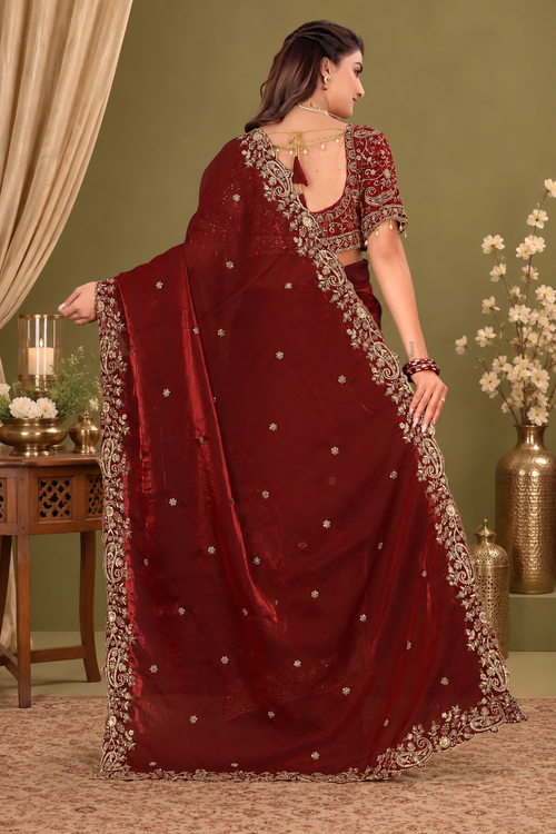 Royal Maroon Fendy Satin Embroidered Saree with Fully Stitched Heavy Sequin Work Blouse