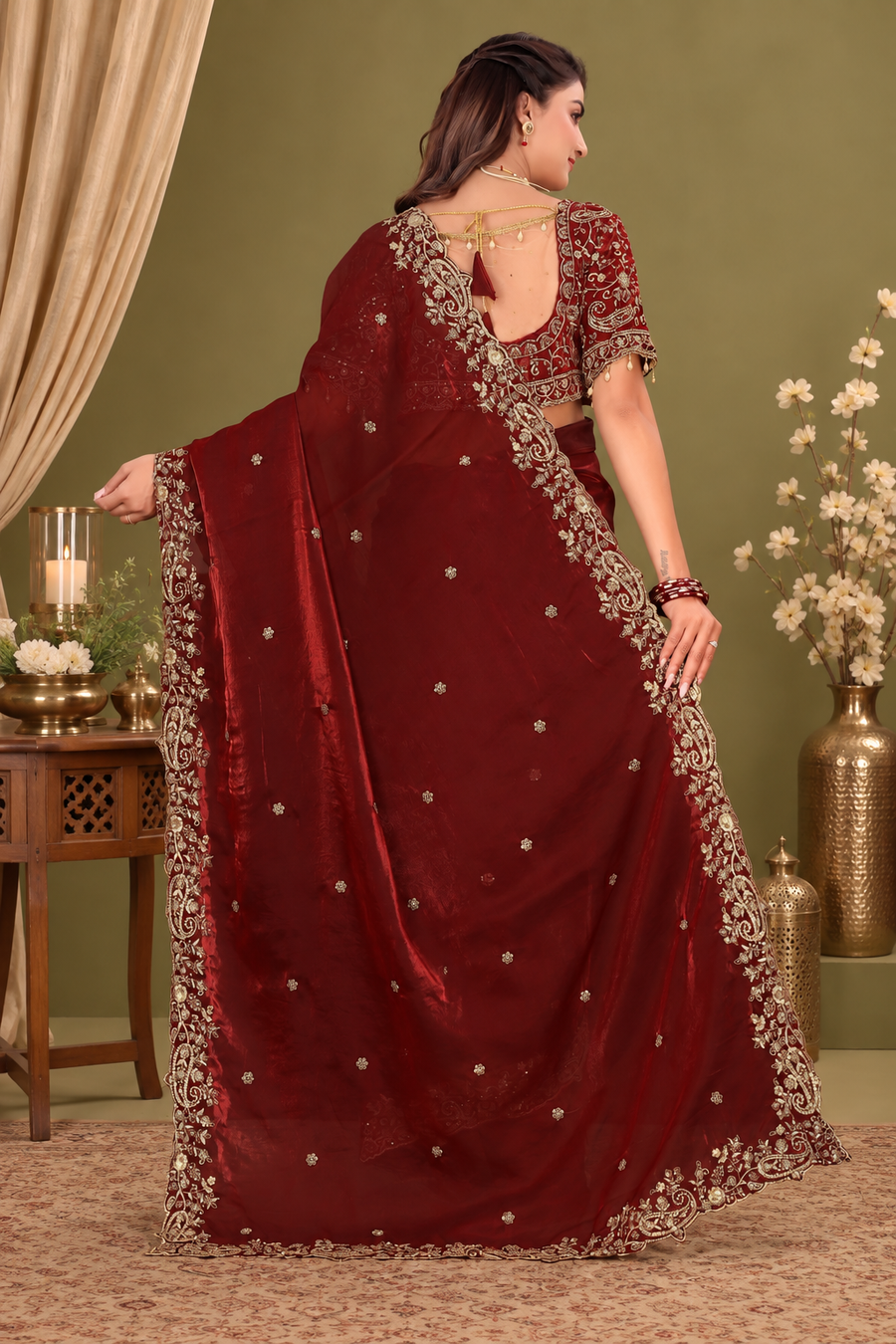 Royal Maroon Fendy Satin Embroidered Saree with Fully Stitched Heavy Sequin Work Blouse