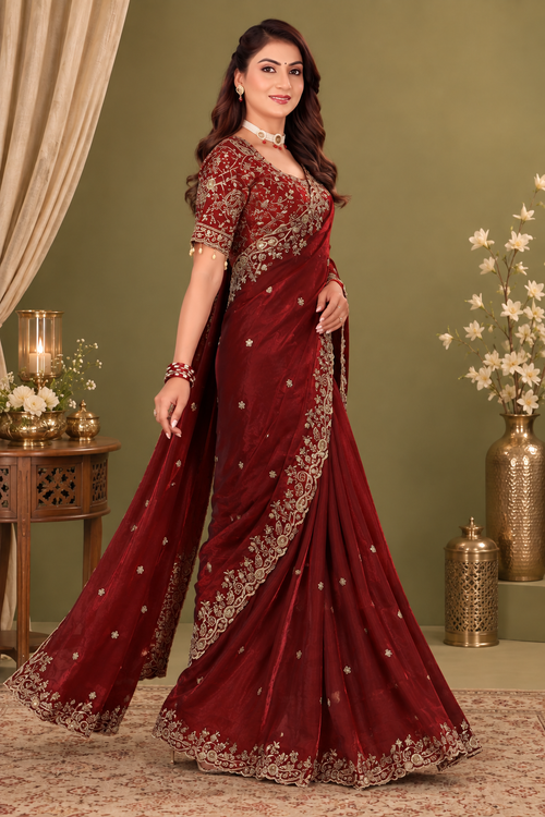 Royal Maroon Fendy Satin Embroidered Saree with Fully Stitched Heavy Sequin Work Blouse