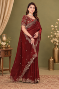 Royal Maroon Fendy Satin Embroidered Saree with Fully Stitched Heavy Sequin Work Blouse