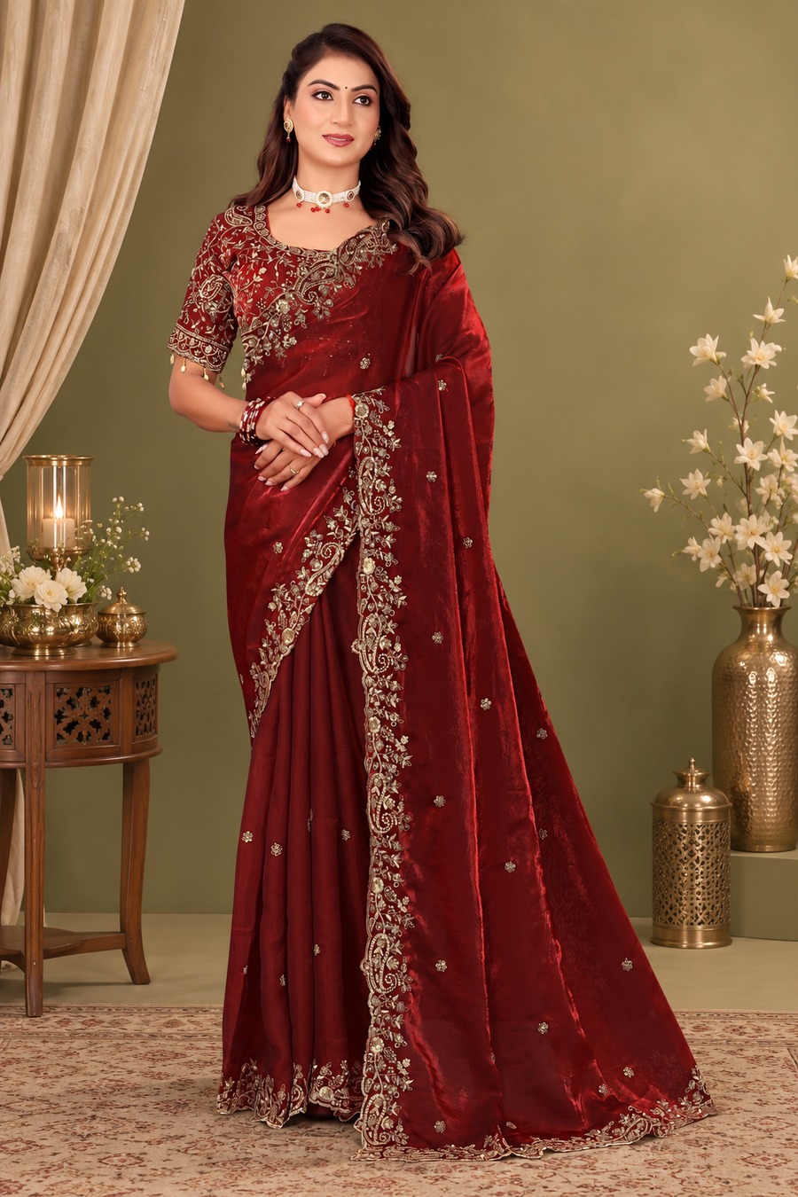 Royal Maroon Fendy Satin Embroidered Saree with Fully Stitched Heavy Sequin Work Blouse