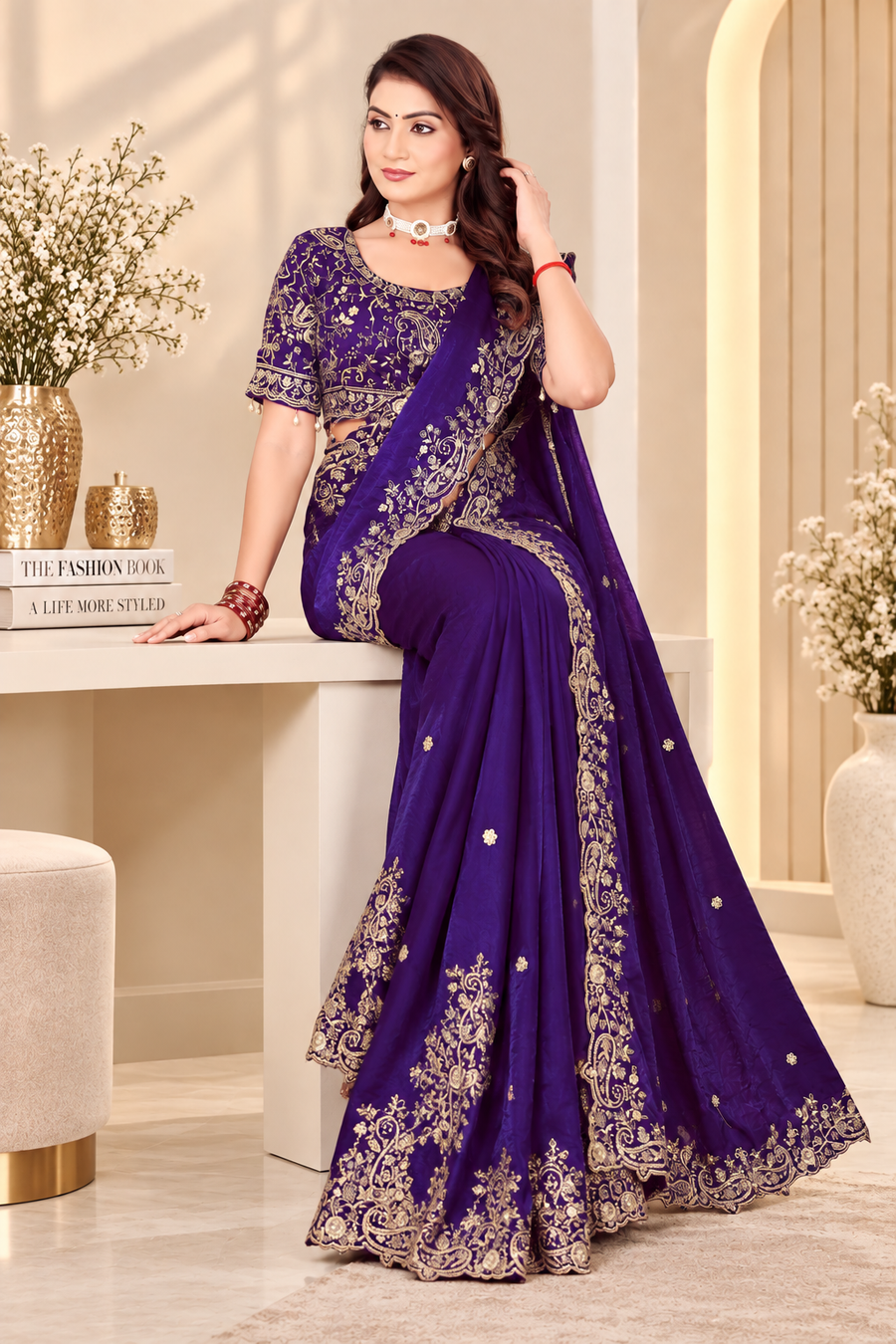 Purple Fendy Satin Embroidered Saree with Fully Stitched Heavy Sequin Work Blouse