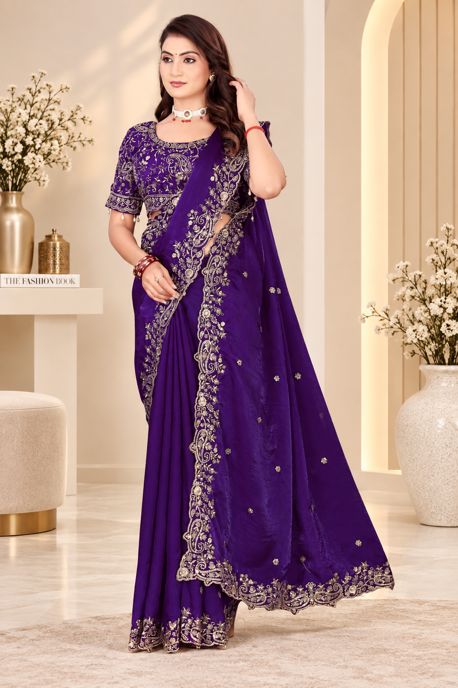 Purple Fendy Satin Embroidered Saree with Fully Stitched Heavy Sequin Work Blouse