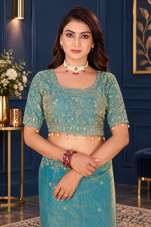 Dusty Aqua Blue Fendy Satin Embroidered Saree with Fully Stitched Heavy Sequin Work