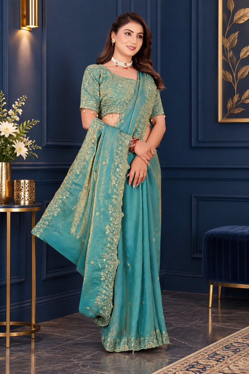 Dusty Aqua Blue Fendy Satin Embroidered Saree with Fully Stitched Heavy Sequin Work