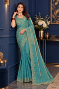Dusty Aqua Blue Fendy Satin Embroidered Saree with Fully Stitched Heavy Sequin Work