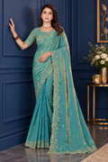 Dusty Aqua Blue Fendy Satin Embroidered Saree with Fully Stitched Heavy Sequin Work