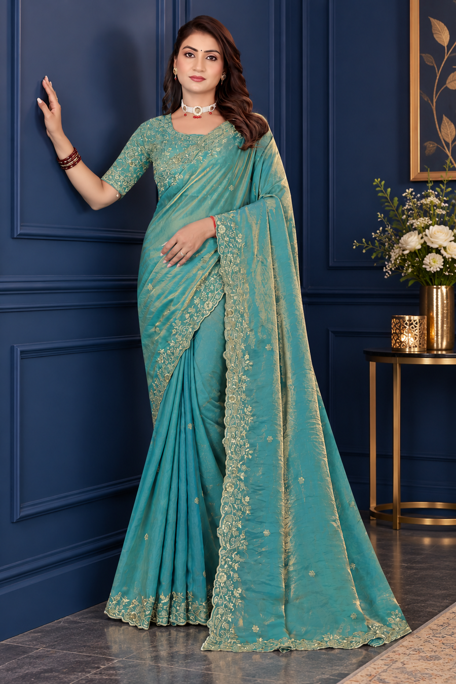 Dusty Aqua Blue Fendy Satin Embroidered Saree with Fully Stitched Heavy Sequin Work