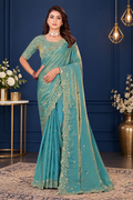Dusty Aqua Blue Fendy Satin Embroidered Saree with Fully Stitched Heavy Sequin Work