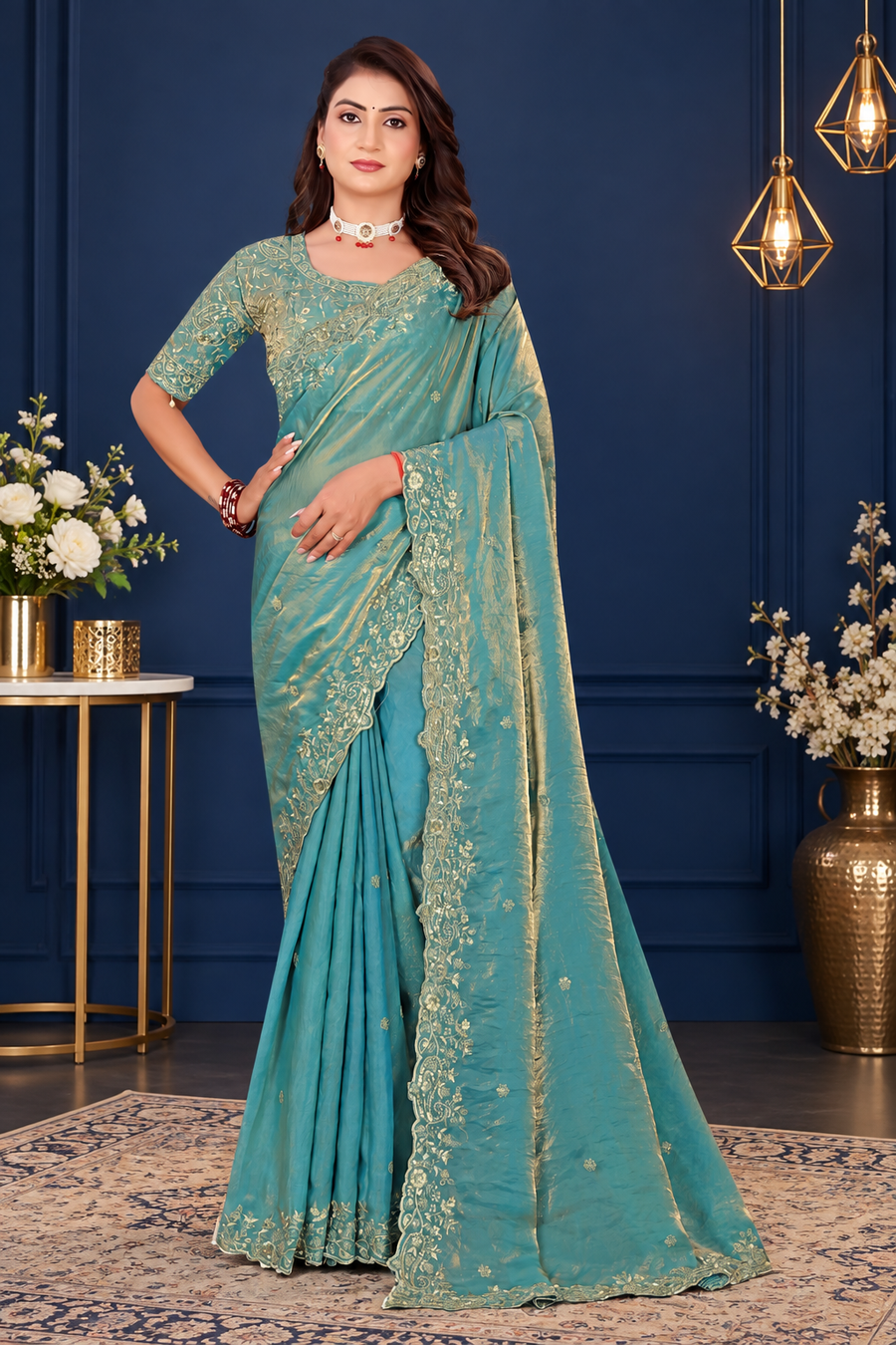 Dusty Aqua Blue Fendy Satin Embroidered Saree with Fully Stitched Heavy Sequin Work