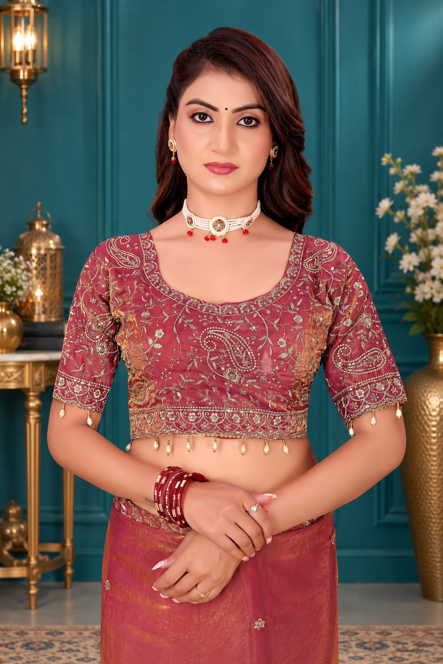 Elegant Rosewood Fendy Satin Embroidered Saree with Fully Stitched Heavy Sequin Work Blouse