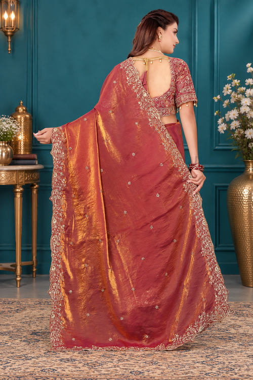 Elegant Rosewood Fendy Satin Embroidered Saree with Fully Stitched Heavy Sequin Work Blouse