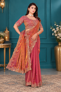 Elegant Rosewood Fendy Satin Embroidered Saree with Fully Stitched Heavy Sequin Work Blouse