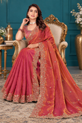Elegant Rosewood Fendy Satin Embroidered Saree with Fully Stitched Heavy Sequin Work Blouse