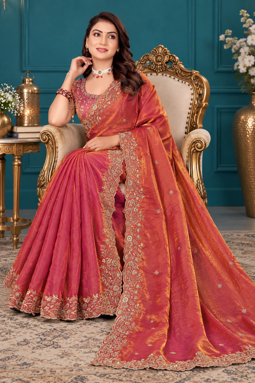 Elegant Rosewood Fendy Satin Embroidered Saree with Fully Stitched Heavy Sequin Work Blouse