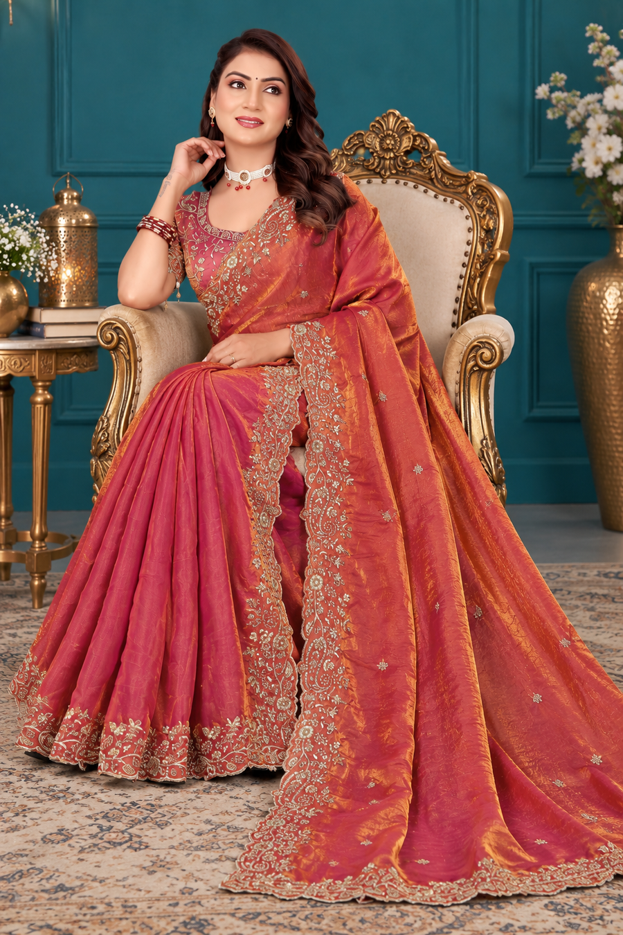Elegant Rosewood Fendy Satin Embroidered Saree with Fully Stitched Heavy Sequin Work Blouse