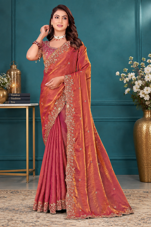 Elegant Rosewood Fendy Satin Embroidered Saree with Fully Stitched Heavy Sequin Work Blouse