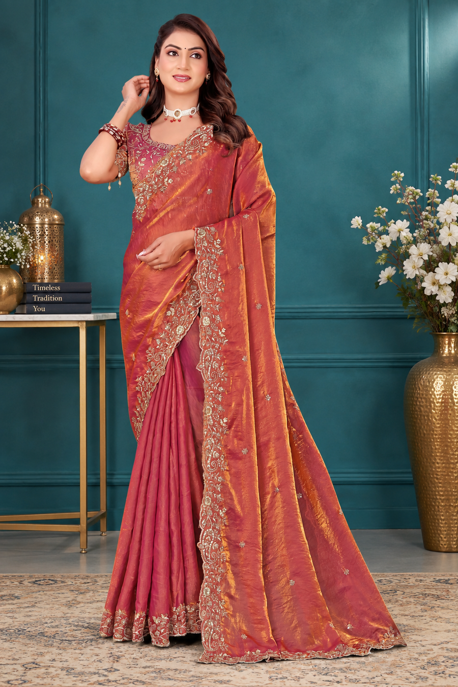 Elegant Rosewood Fendy Satin Embroidered Saree with Fully Stitched Heavy Sequin Work Blouse