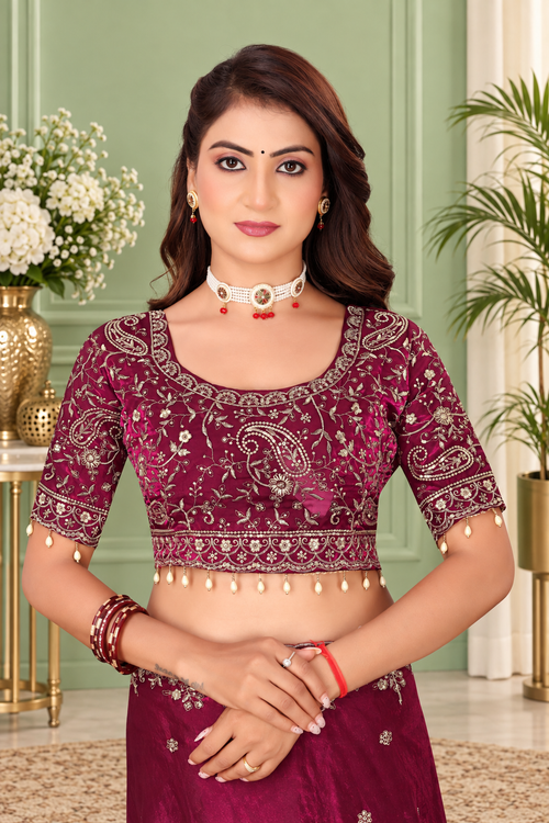 Deep Burgundy Fendy Satin Embroidered Saree with Fully Stitched Heavy Sequin Work
