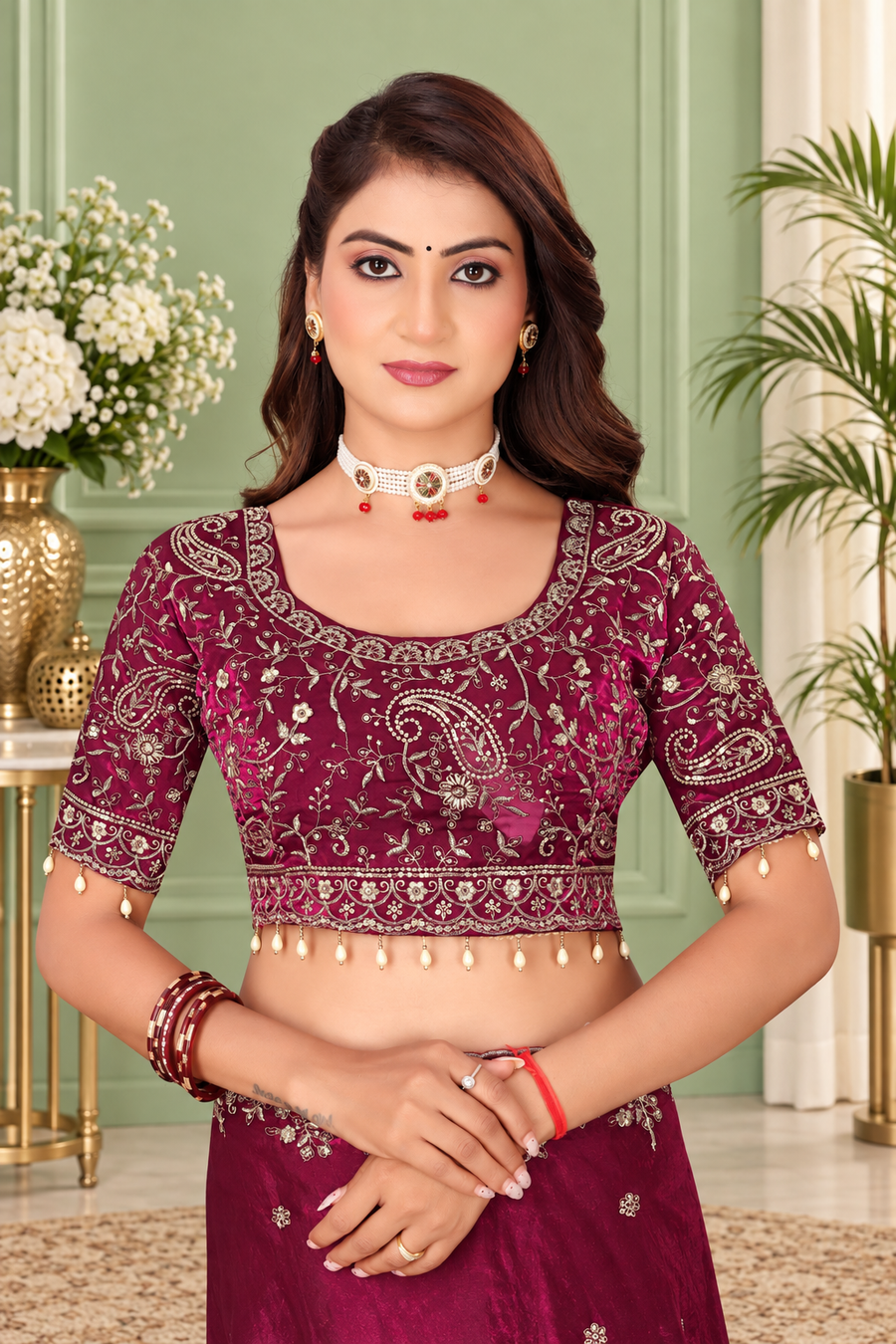 Deep Burgundy Fendy Satin Embroidered Saree with Fully Stitched Heavy Sequin Work