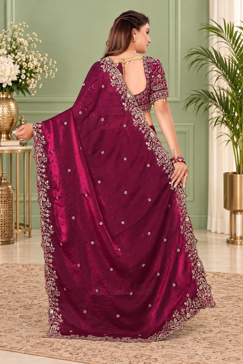 Deep Burgundy Fendy Satin Embroidered Saree with Fully Stitched Heavy Sequin Work