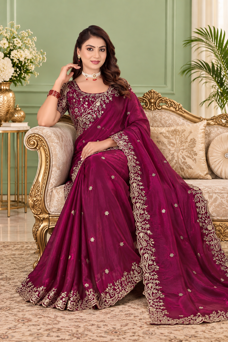 Deep Burgundy Fendy Satin Embroidered Saree with Fully Stitched Heavy Sequin Work