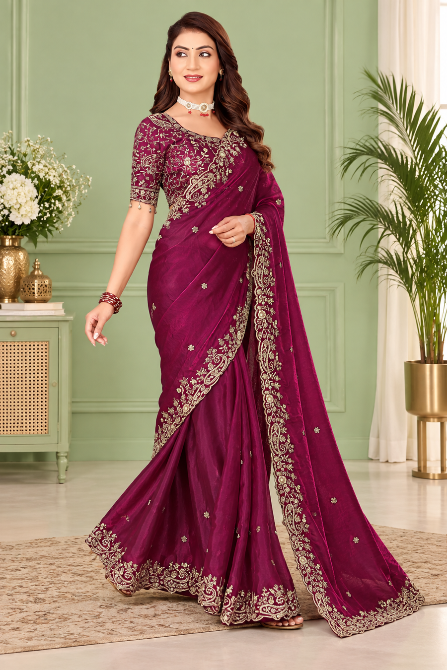 Deep Burgundy Fendy Satin Embroidered Saree with Fully Stitched Heavy Sequin Work