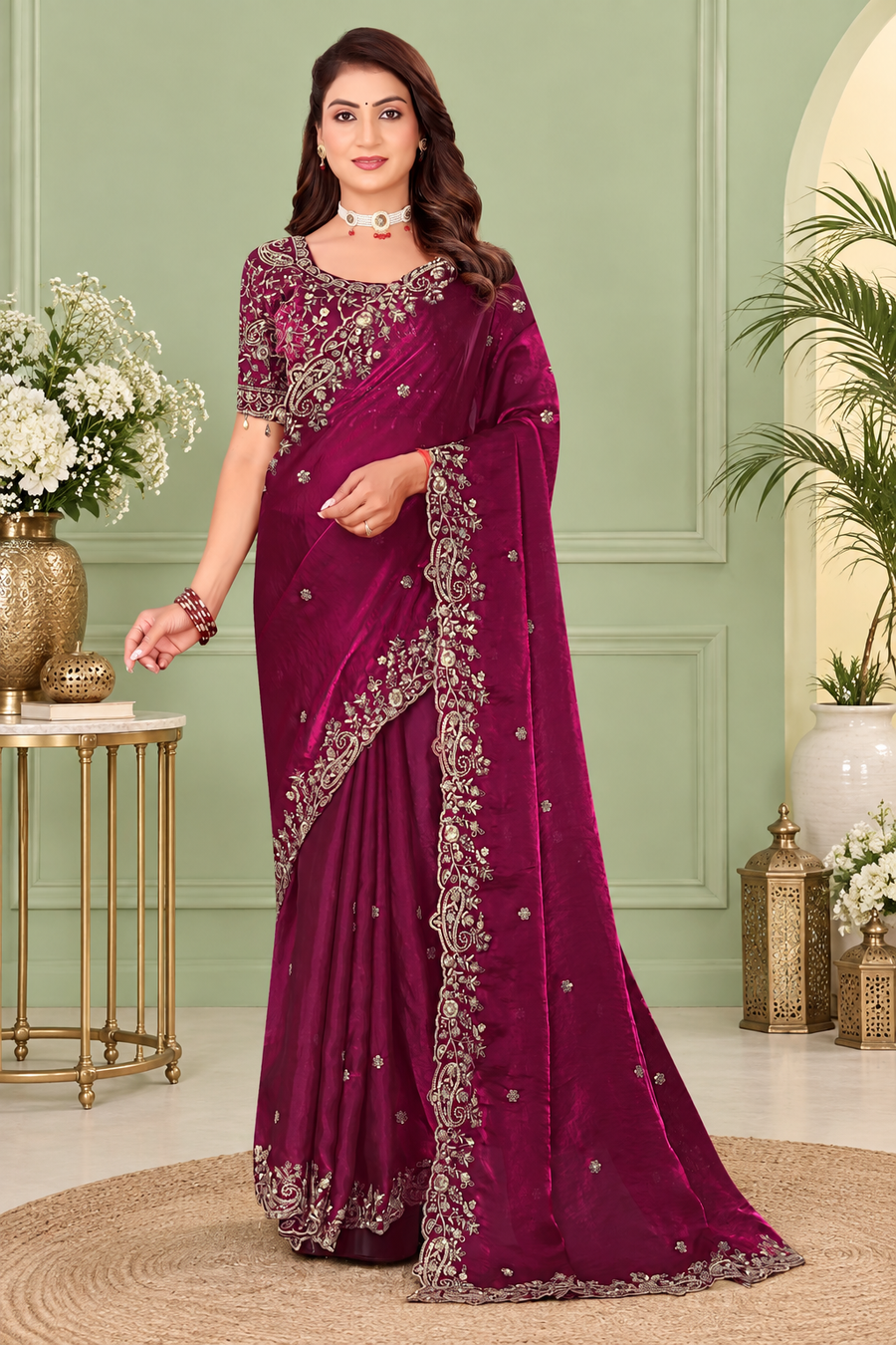 Deep Burgundy Fendy Satin Embroidered Saree with Fully Stitched Heavy Sequin Work