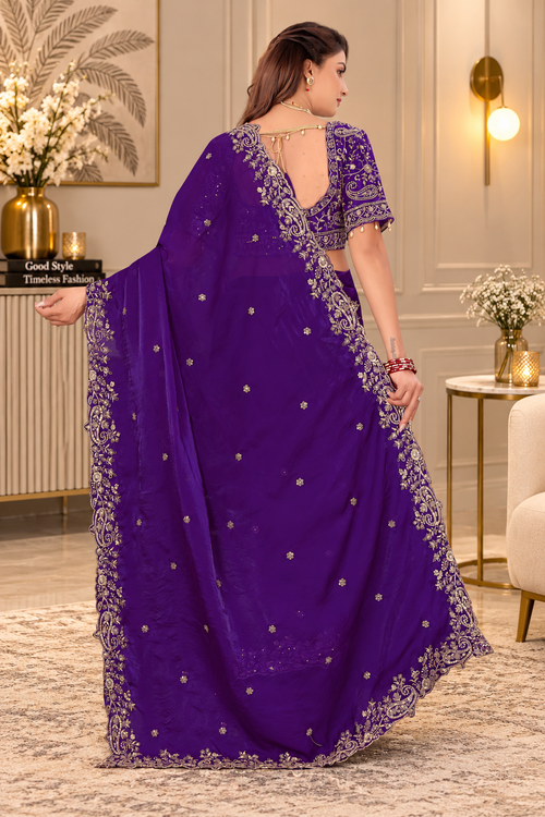 Purple Fendy Satin Embroidered Saree with Fully Stitched Heavy Sequin Work Blouse