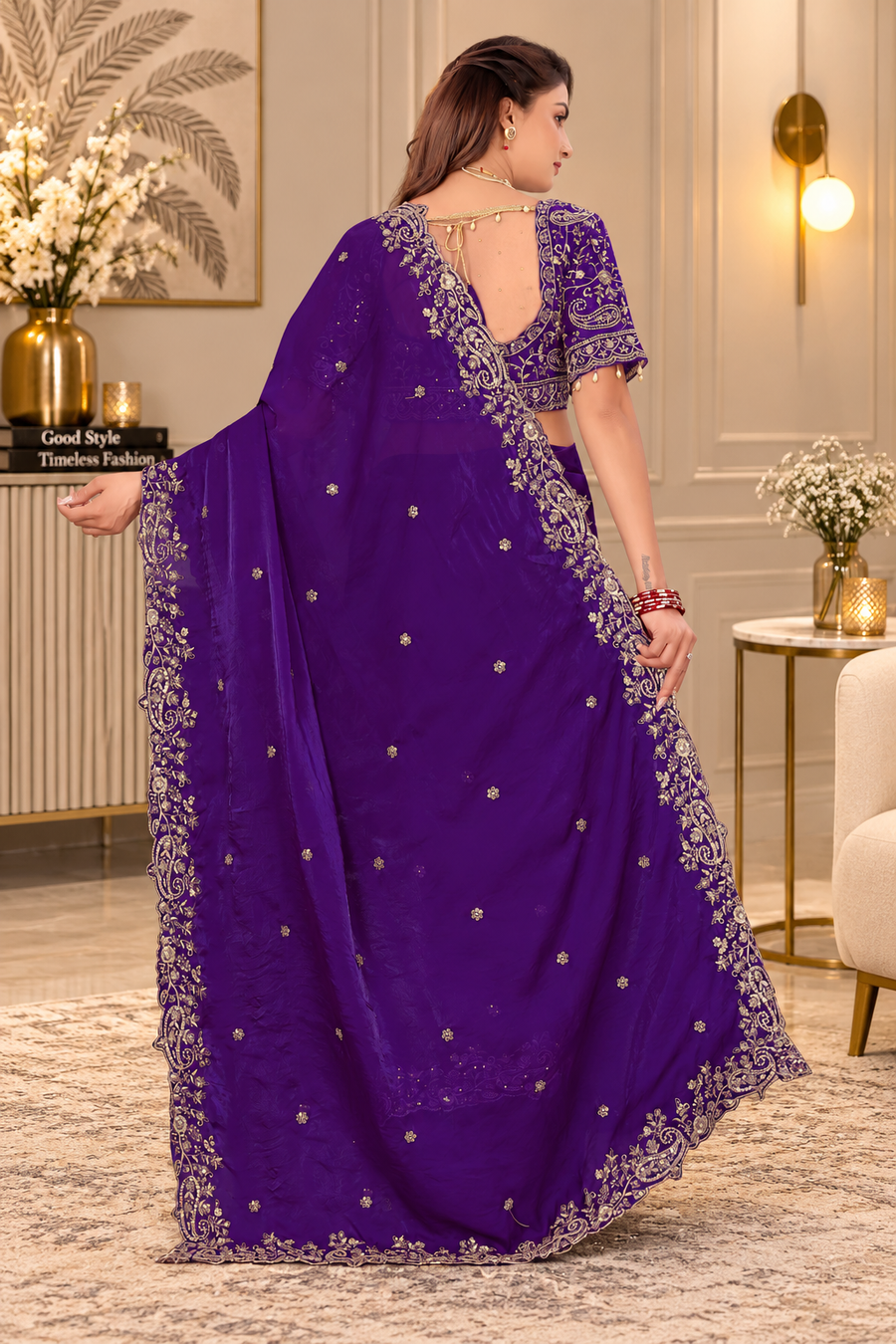 Purple Fendy Satin Embroidered Saree with Fully Stitched Heavy Sequin Work Blouse