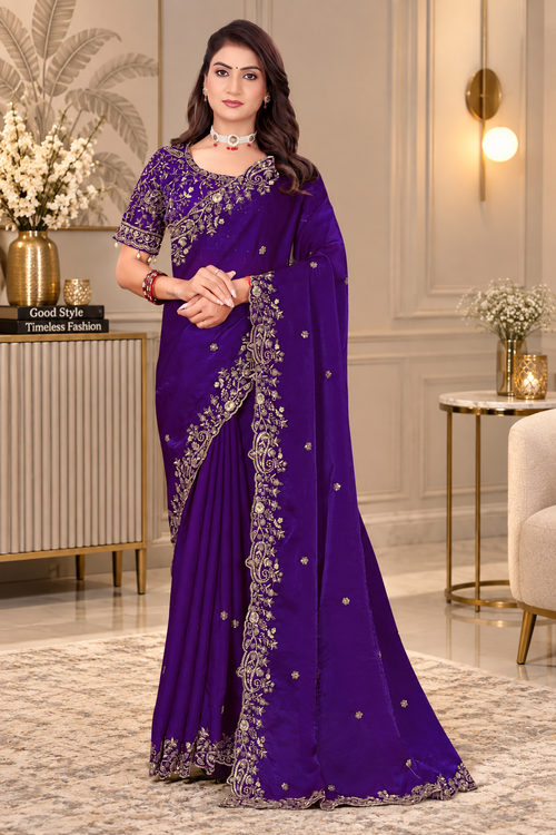 Purple Fendy Satin Embroidered Saree with Fully Stitched Heavy Sequin Work Blouse