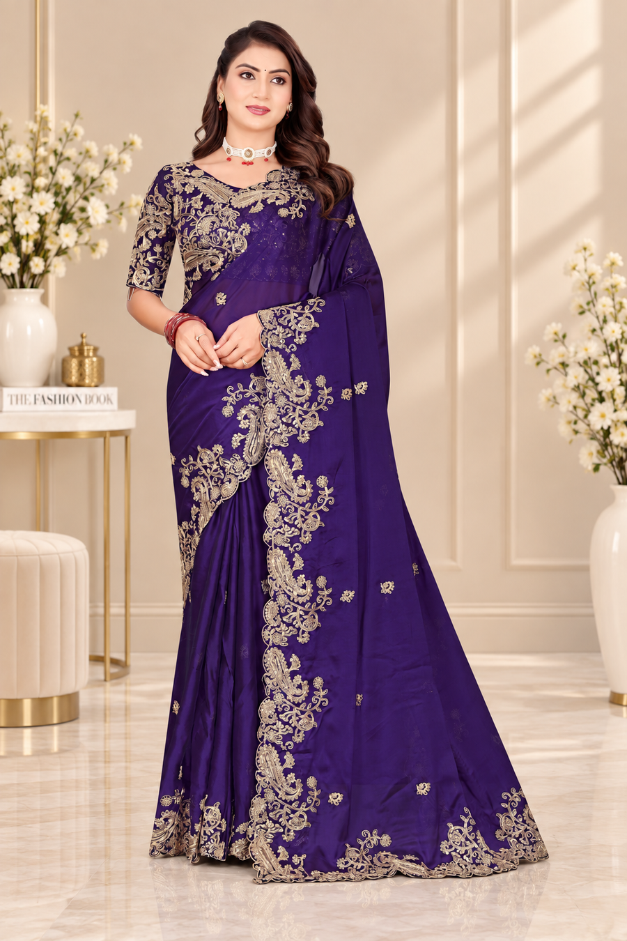 Navy Blue Pure Soft Rangoli Silk C-Pallu Saree with Stitched Blouse